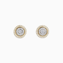 The Duo 14K Two Tone Gold 1/2 Diamond Halo Stud Earrings feature a central diamond cluster encircled by additional diamonds (0.69 TCW), set against a white background.