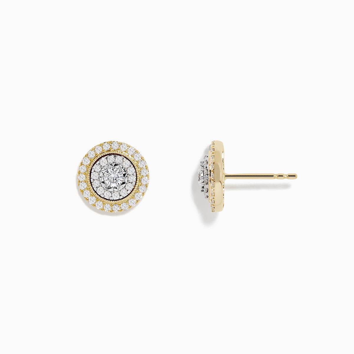 The Duo 14K Two Tone Gold 1/2 Diamond Halo Stud Earrings feature a central diamond cluster encircled by additional diamonds (0.69 TCW), set against a white background.
