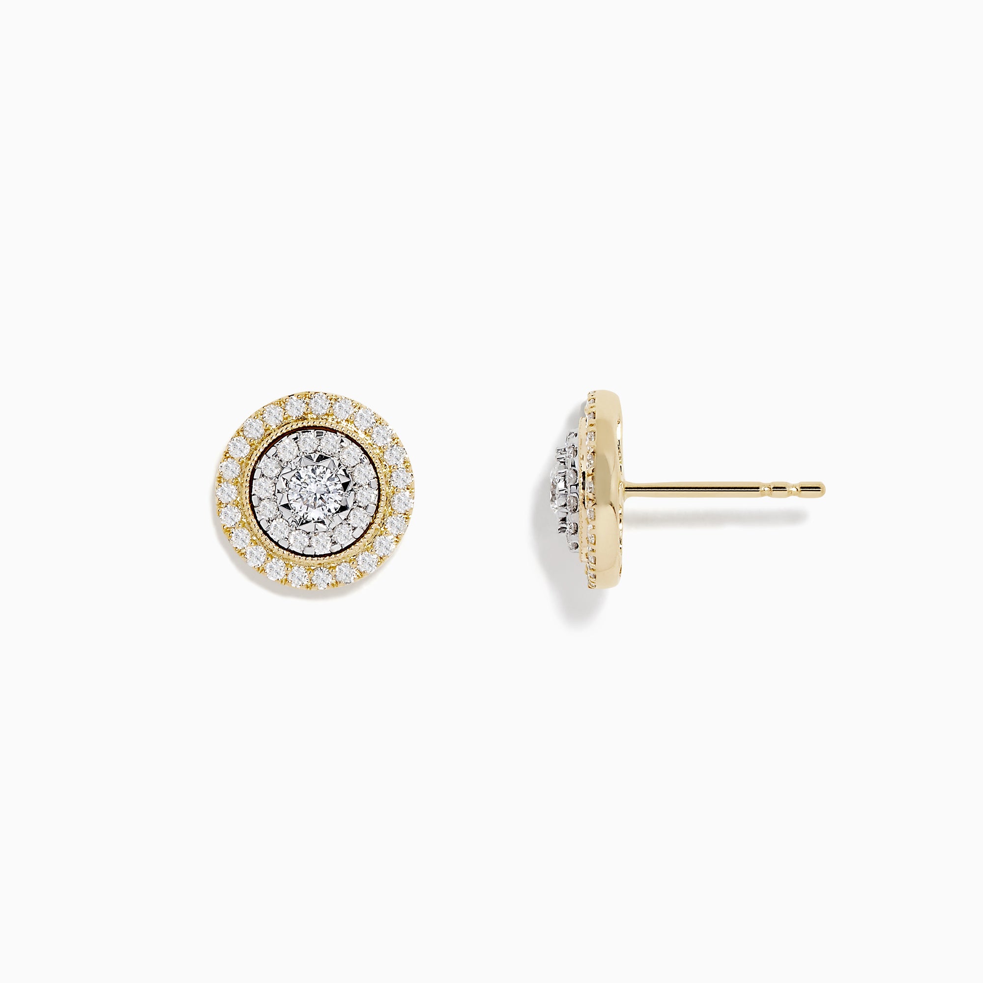 The Duo 14K Two Tone Gold 1/2 Diamond Halo Stud Earrings feature a central diamond cluster encircled by additional diamonds (0.69 TCW), set against a white background.