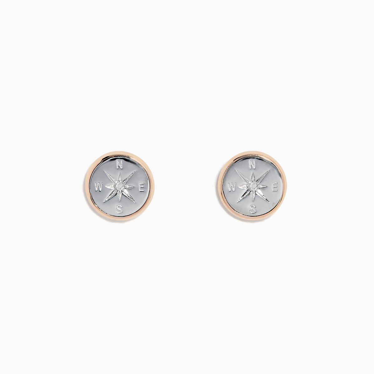 The Novelty 14K Two Tone Gold Diamond Compass Stud Earrings feature a raised silver compass design with cardinal directions and a thin two tone gold rim, shown on a plain white background.