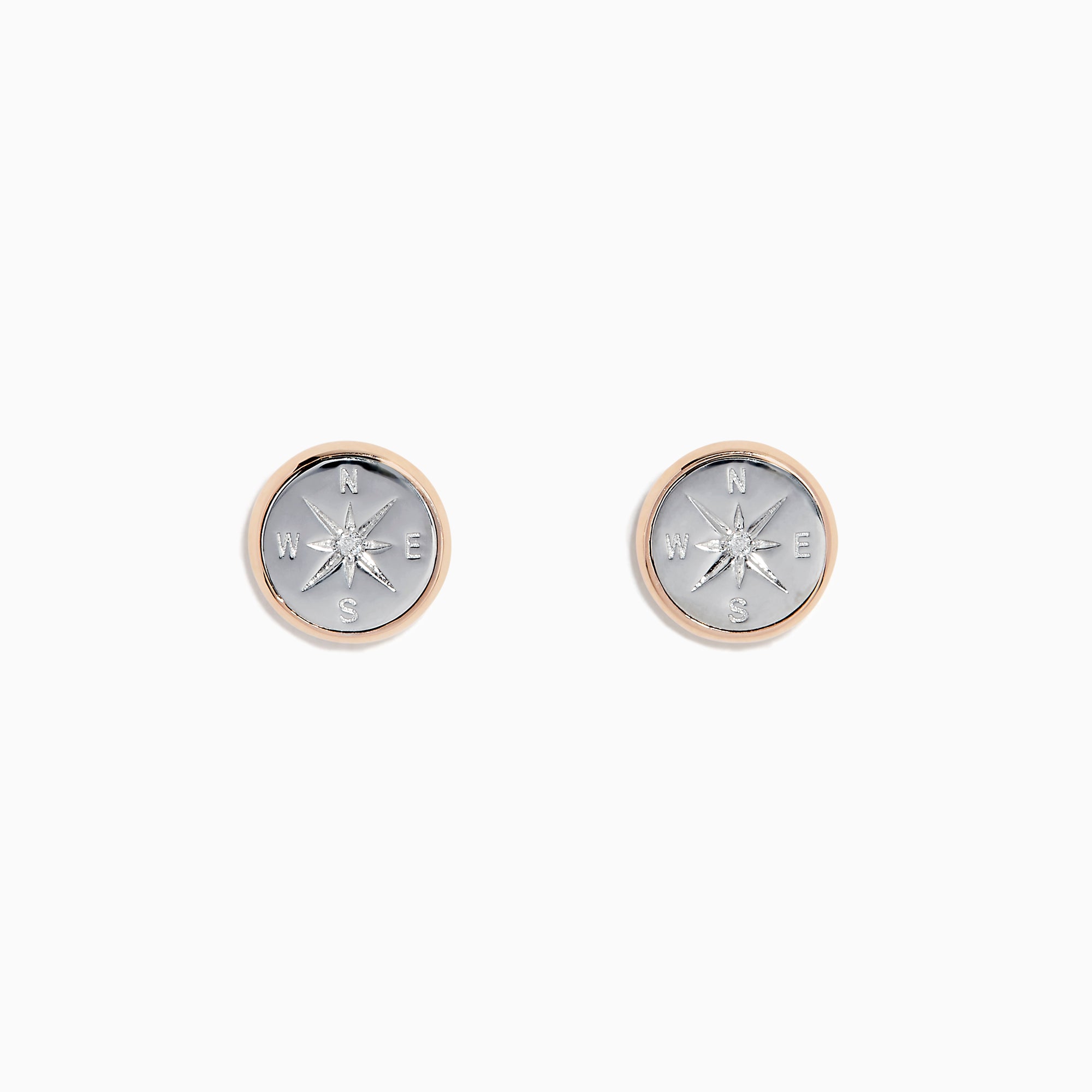 The Novelty 14K Two Tone Gold Diamond Compass Stud Earrings feature a raised silver compass design with cardinal directions and a thin two tone gold rim, shown on a plain white background.