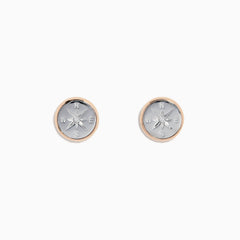 The Novelty 14K Two Tone Gold Diamond Compass Stud Earrings feature a raised silver compass design with cardinal directions and a thin two tone gold rim, shown on a plain white background.