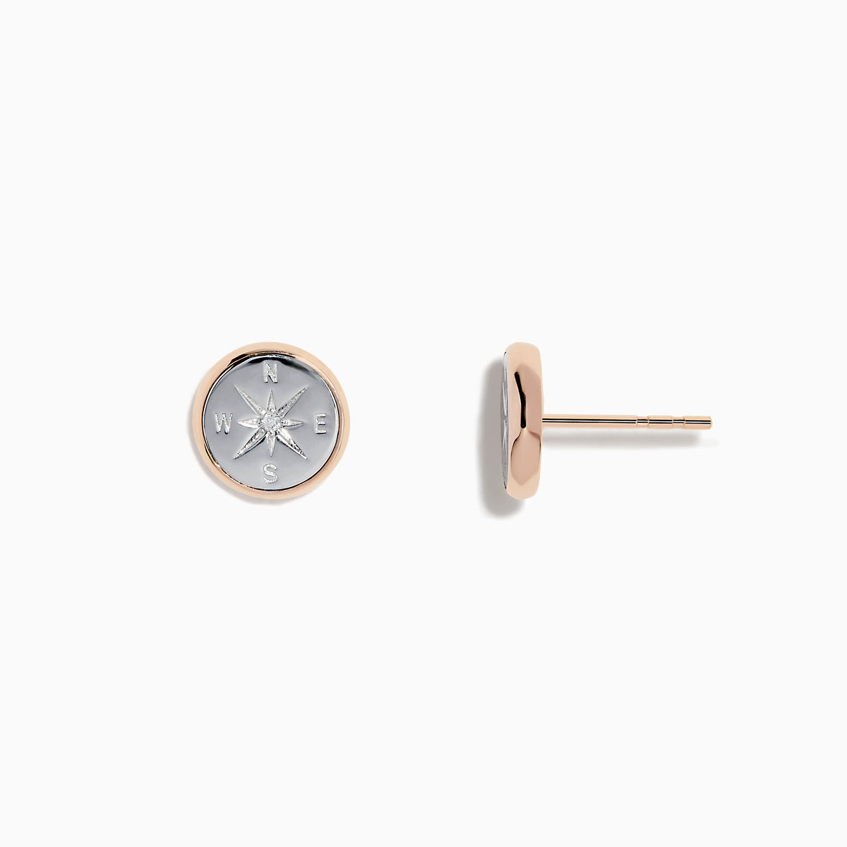 The Novelty 14K Two Tone Gold Diamond Compass Stud Earrings feature a raised silver compass design with cardinal directions and a thin two tone gold rim, shown on a plain white background.