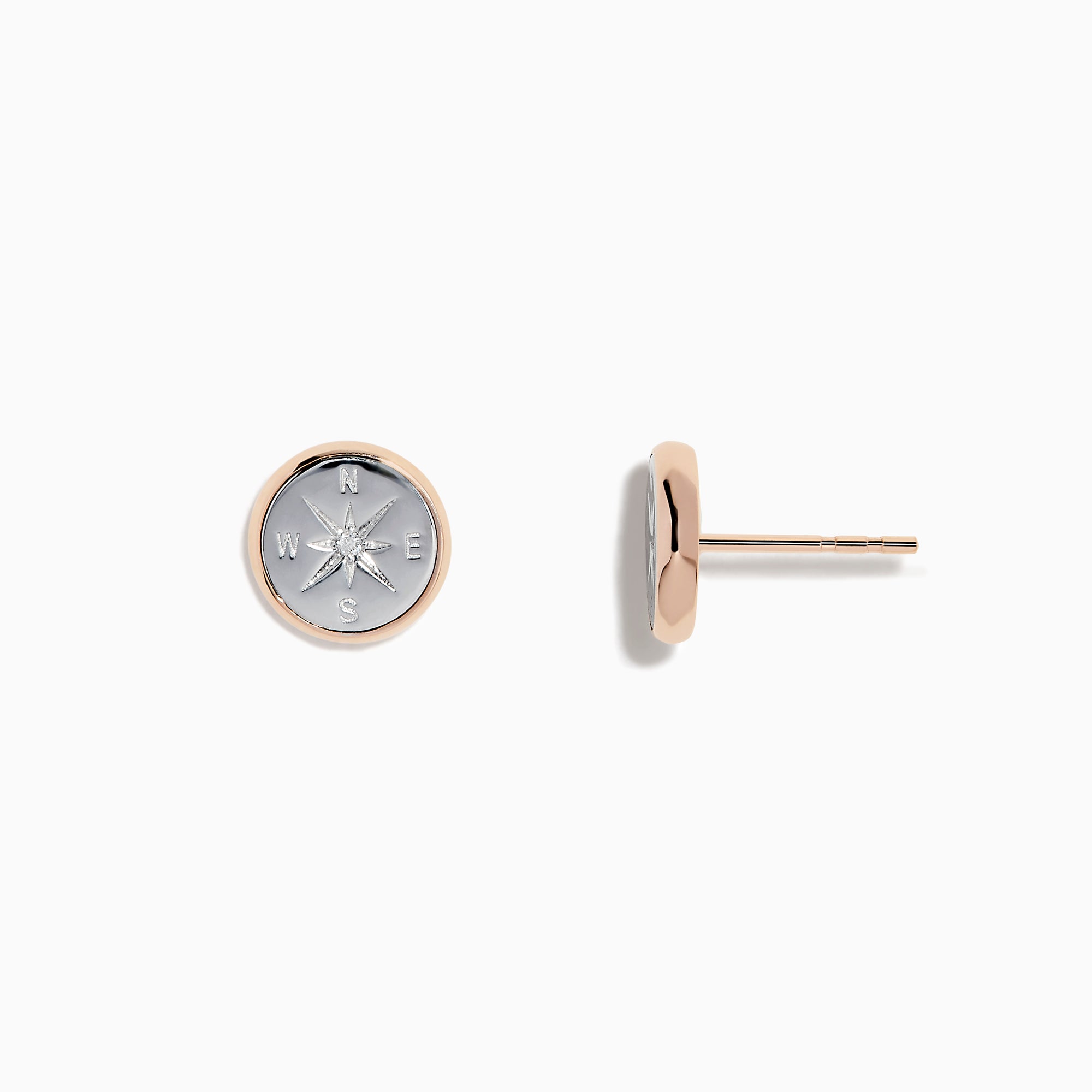 The Novelty 14K Two Tone Gold Diamond Compass Stud Earrings feature a raised silver compass design with cardinal directions and a thin two tone gold rim, shown on a plain white background.