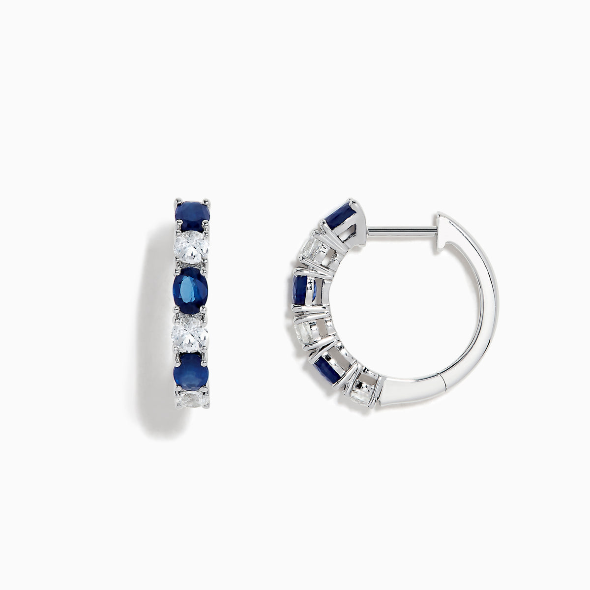 14K White Gold Multi Sapphire Hoop Earrings with alternating round blue sapphires and clear stones, shown on a white background.