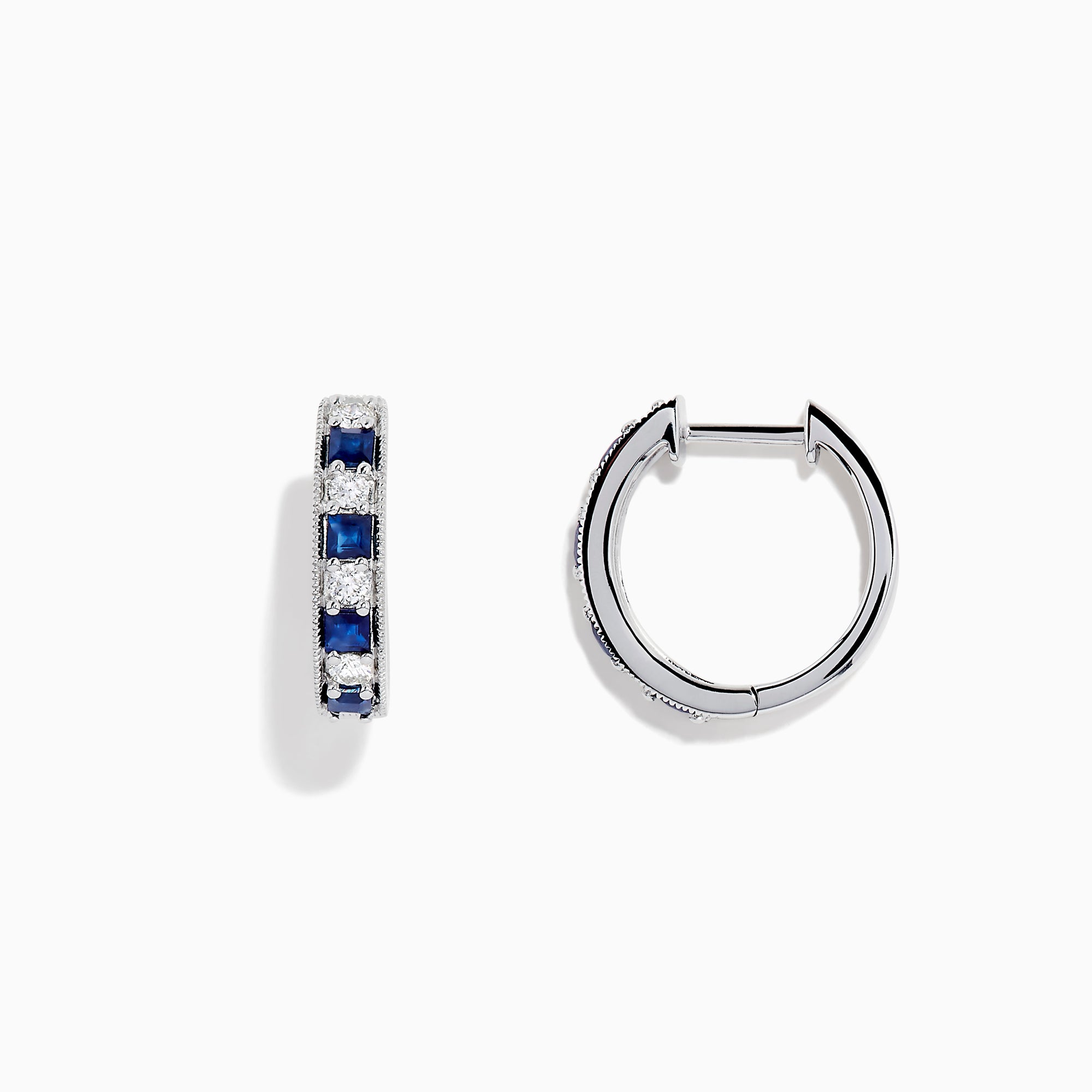 The Royale Bleu 14K White Gold Sapphire and Diamond Hoop Earrings feature alternating sapphire and diamond stones set in white gold, shown against a plain white background.