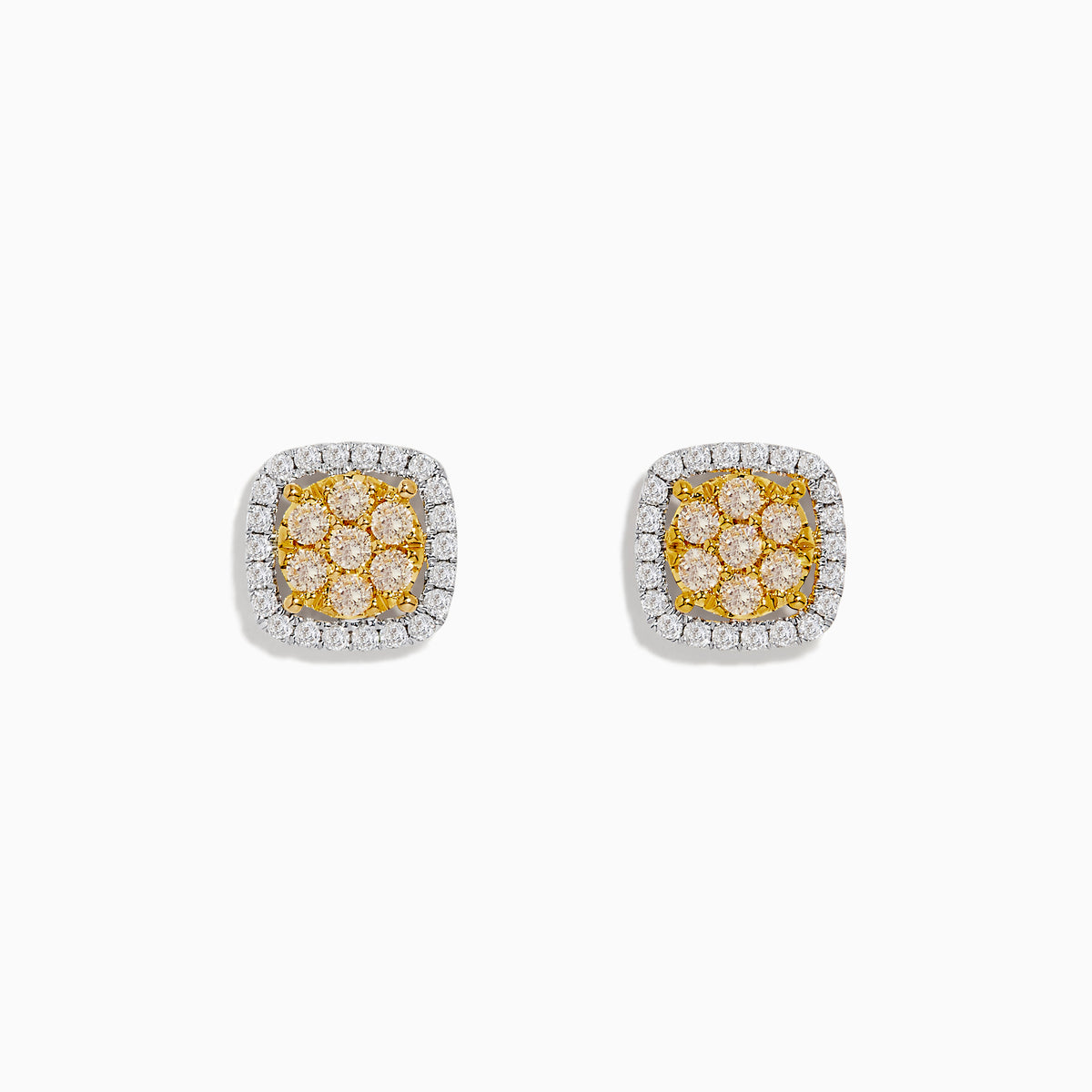 The Canare 14K Two Tone Gold Cushion Shaped Cluster Yellow Diamond Earrings feature yellow center stones surrounded by white diamonds, beautifully crafted for a striking look.