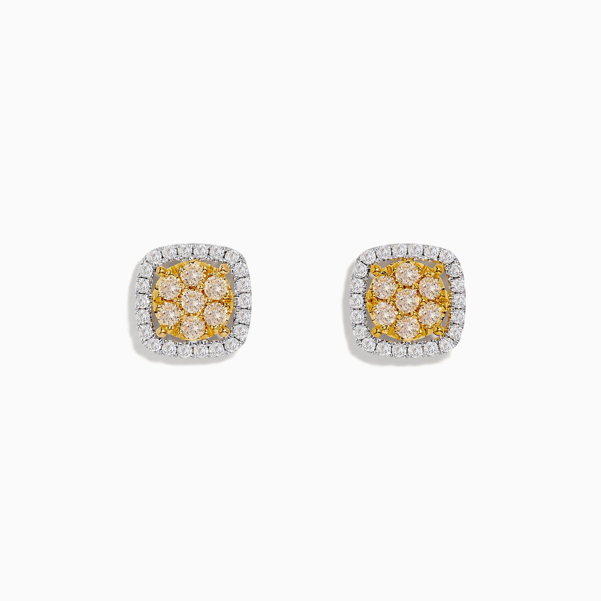 The Canare 14K Two Tone Gold Cushion Shaped Cluster Yellow Diamond Earrings feature yellow center stones surrounded by white diamonds, beautifully crafted for a striking look.