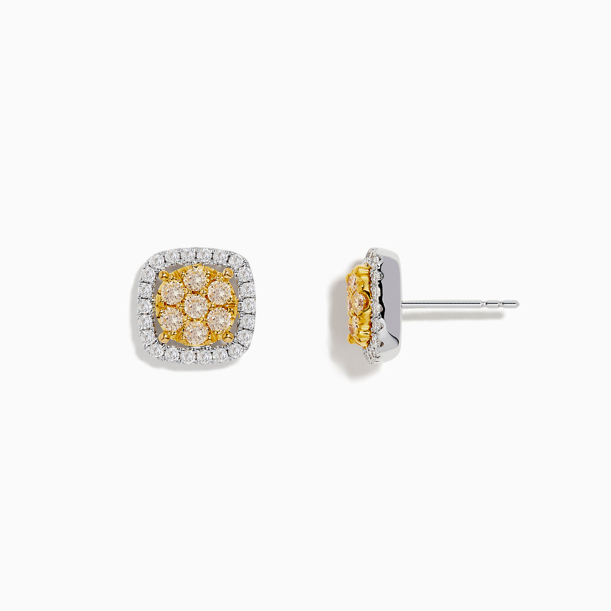 The Canare 14K Two Tone Gold Cushion Shaped Cluster Yellow Diamond Earrings feature yellow center stones surrounded by white diamonds, beautifully crafted for a striking look.