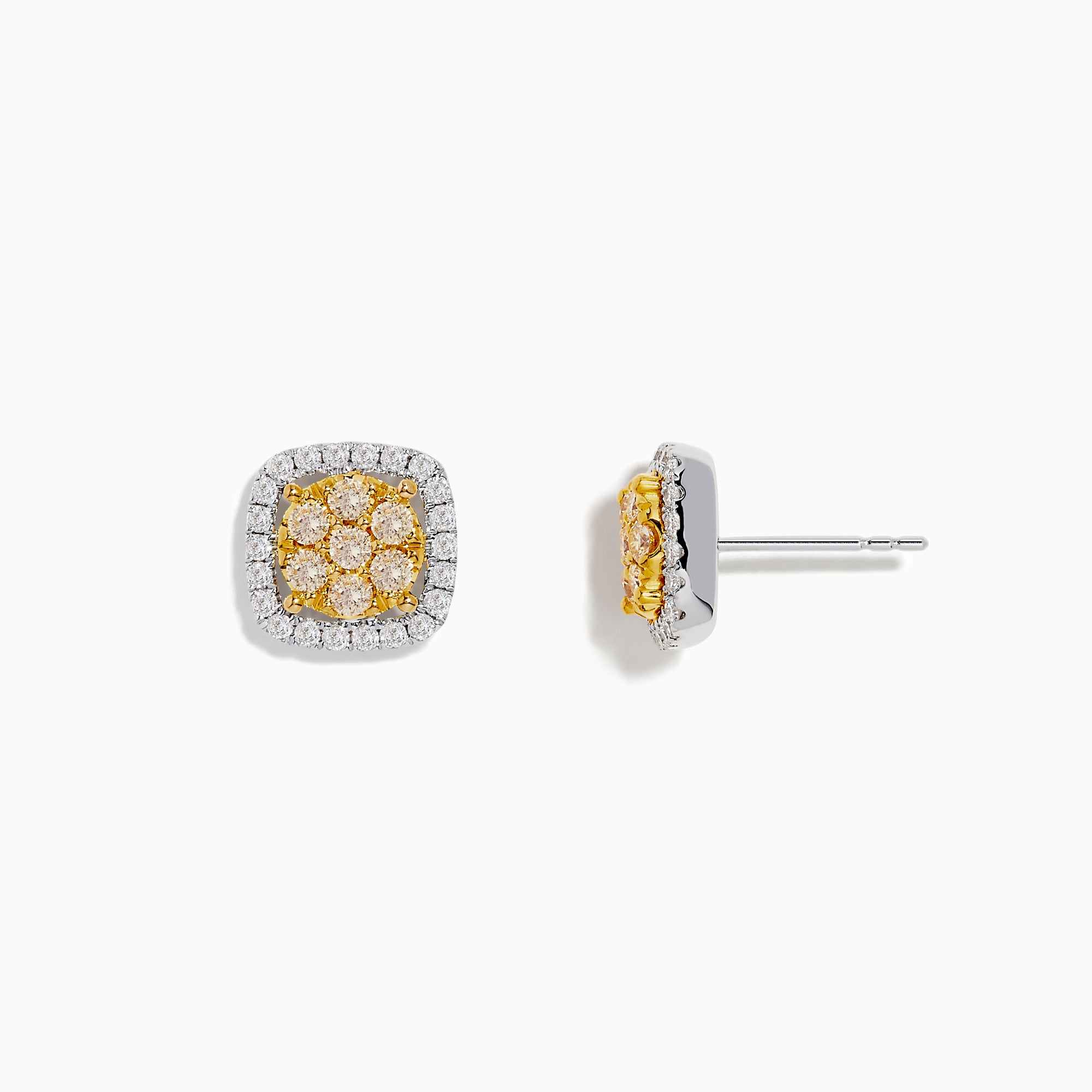 The Canare 14K Two Tone Gold Cushion Shaped Cluster Yellow Diamond Earrings feature yellow center stones surrounded by white diamonds, beautifully crafted for a striking look.