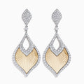 The 14K Two-Tone Textured Gold Diamond Statement Drop Earrings feature diamond-encrusted borders, leaf-shaped fan-textured beige centers, intricate openwork, and a sparkling finish.
