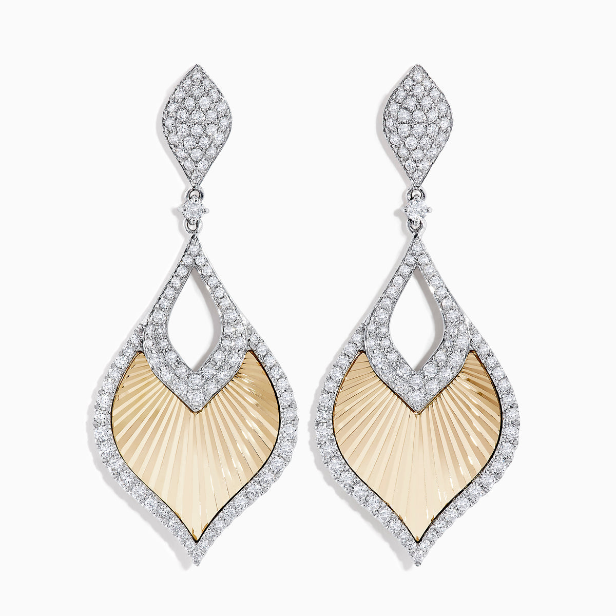The 14K Two-Tone Textured Gold Diamond Statement Drop Earrings feature diamond-encrusted borders, leaf-shaped fan-textured beige centers, intricate openwork, and a sparkling finish.