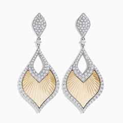 The 14K Two-Tone Textured Gold Diamond Statement Drop Earrings feature diamond-encrusted borders, leaf-shaped fan-textured beige centers, intricate openwork, and a sparkling finish.