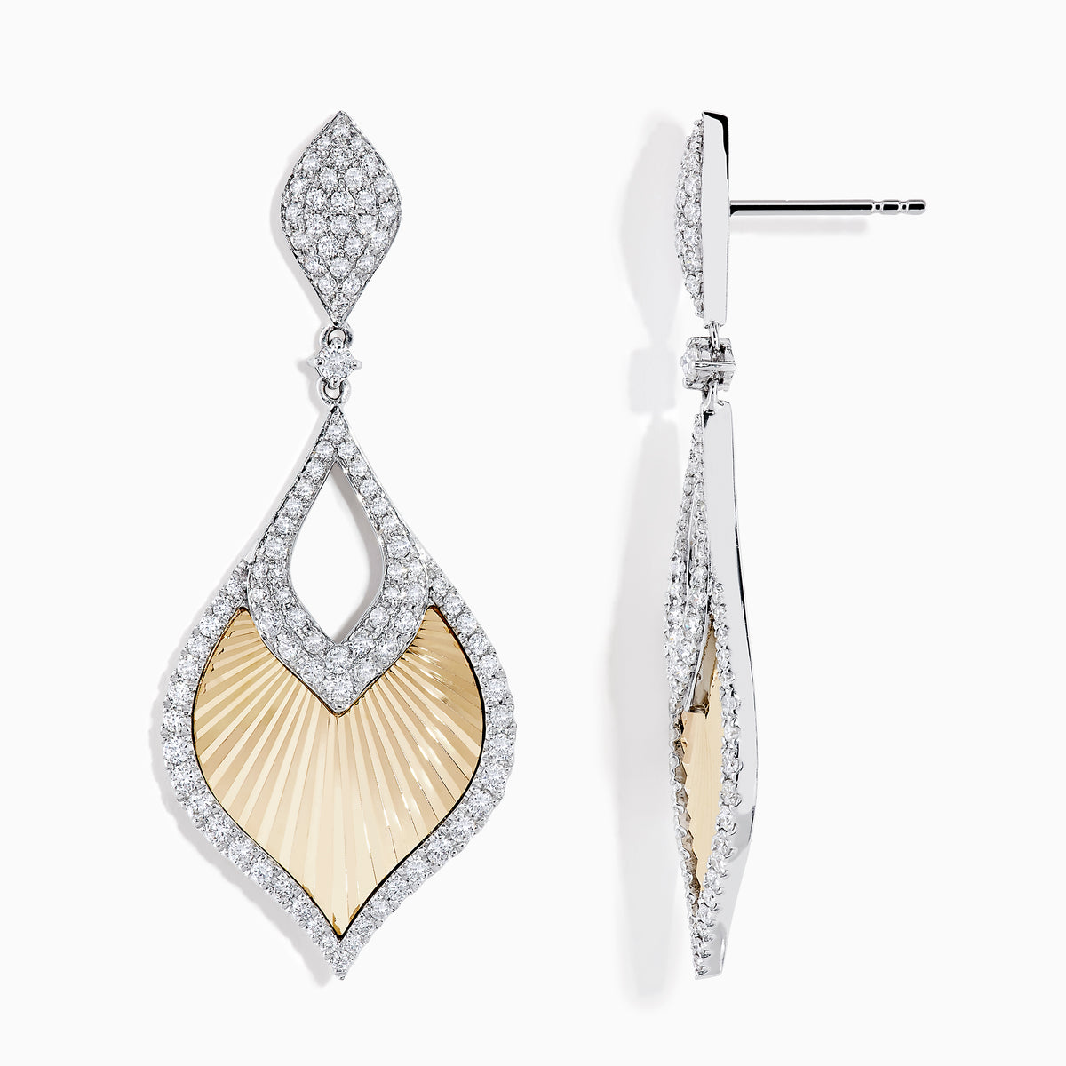 The 14K Two-Tone Textured Gold Diamond Statement Drop Earrings feature diamond-encrusted borders, leaf-shaped fan-textured beige centers, intricate openwork, and a sparkling finish.