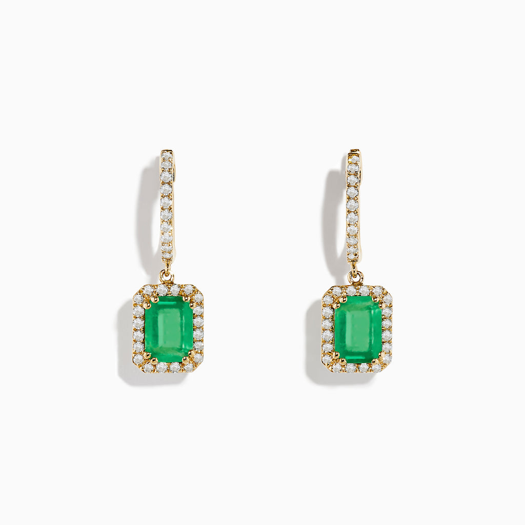 A pair of 14K Yellow Gold Emerald and Diamond Drop Earrings with rectangular emeralds surrounded by white diamonds and additional diamonds on the hooks, shown on a white background.