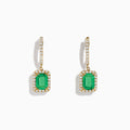 A pair of 14K Yellow Gold Emerald and Diamond Drop Earrings with rectangular emeralds surrounded by white diamonds and additional diamonds on the hooks, shown on a white background.
