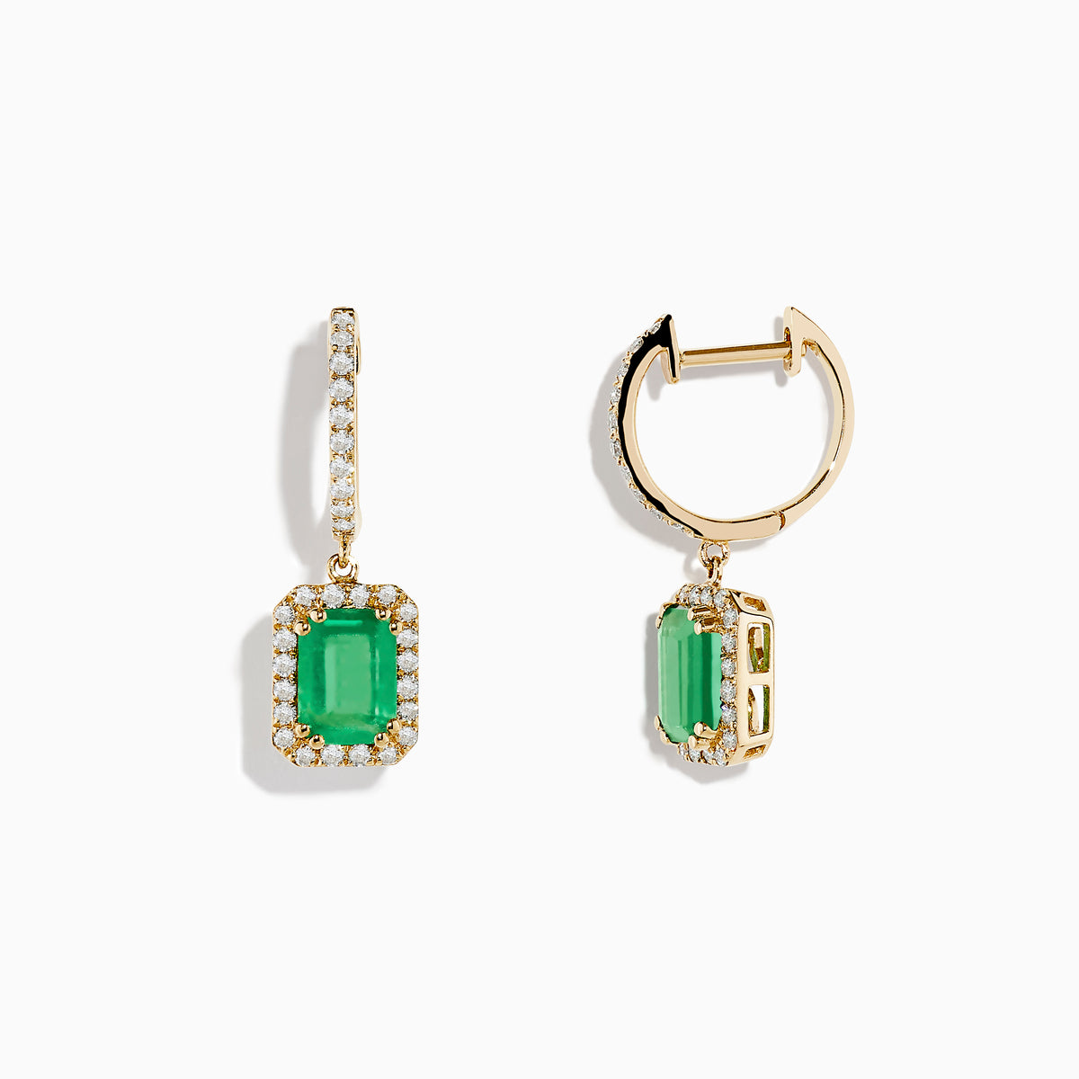 A pair of 14K Yellow Gold Emerald and Diamond Drop Earrings with rectangular emeralds surrounded by white diamonds and additional diamonds on the hooks, shown on a white background.