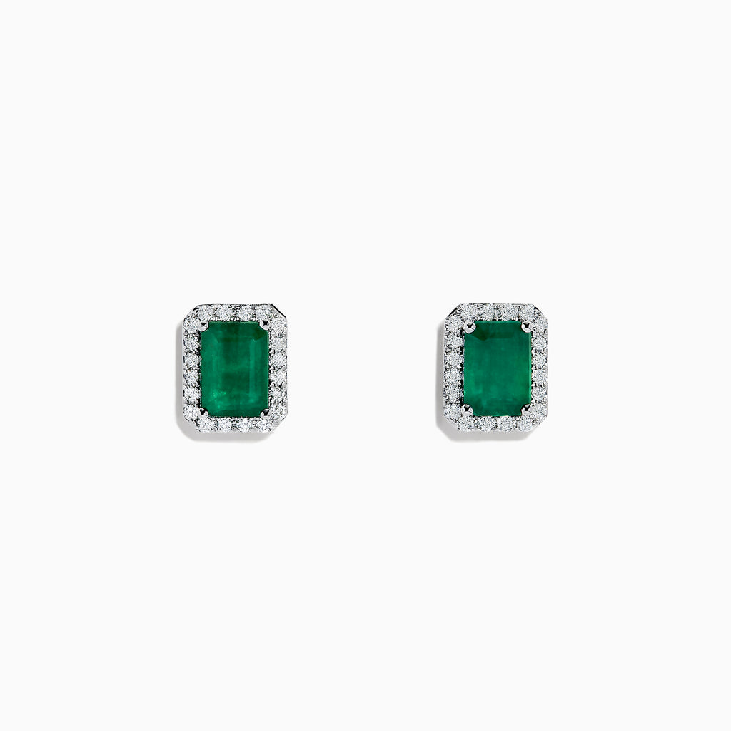The 14K White Gold Diamond Halo Emerald Stud Earrings, 2.15 TCW, feature rectangular emeralds encircled by diamond halos and are shown on a plain white background.