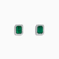 The 14K White Gold Diamond Halo Emerald Stud Earrings, 2.15 TCW, feature rectangular emeralds encircled by diamond halos and are shown on a plain white background.