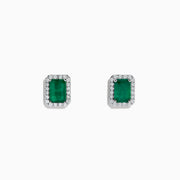 The 14K White Gold Diamond Halo Emerald Stud Earrings, 2.15 TCW, feature rectangular emeralds encircled by diamond halos and are shown on a plain white background.
