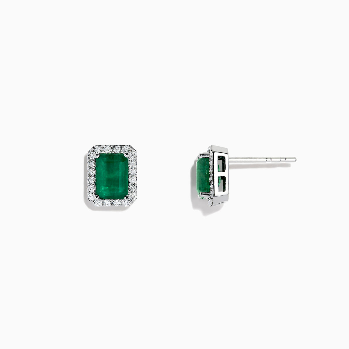 The 14K White Gold Diamond Halo Emerald Stud Earrings, 2.15 TCW, feature rectangular emeralds encircled by diamond halos and are shown on a plain white background.
