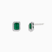 The 14K White Gold Diamond Halo Emerald Stud Earrings, 2.15 TCW, feature rectangular emeralds encircled by diamond halos and are shown on a plain white background.