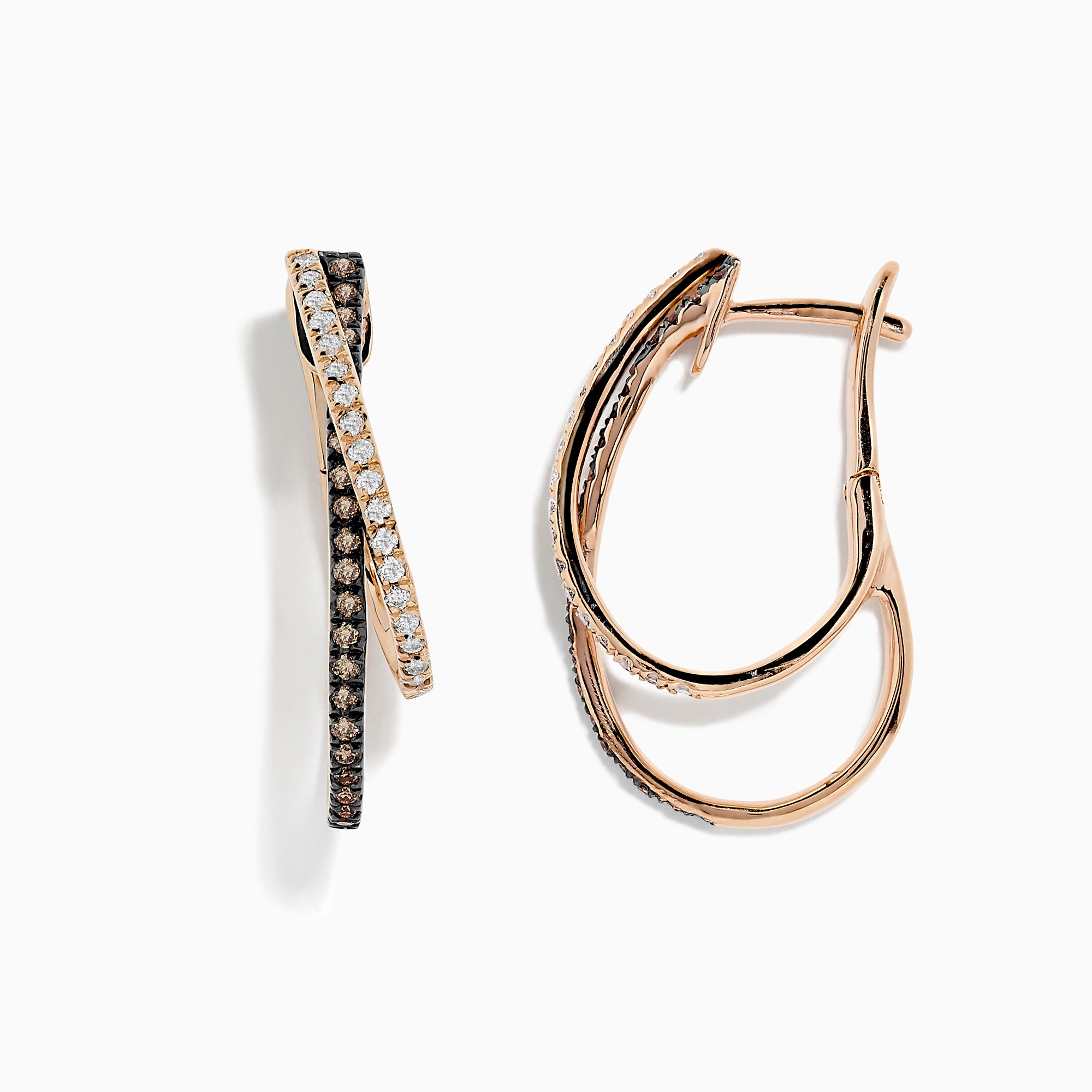 A pair of 14K Rose Gold Espresso and White Diamond Hoop Earrings (0.58 TCW) with intertwined loops—one set with white diamonds, the other with espresso diamonds—offering modern elegance on a white background.
