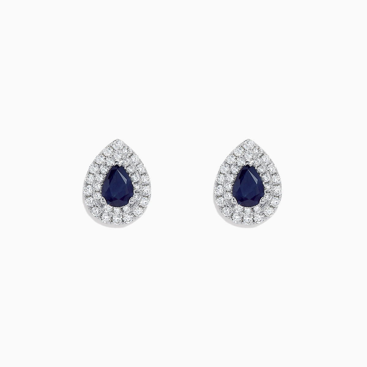 Royale Bleu 14K White Gold Pear Shaped Sapphire and Diamond Stud Earrings (2.23 TCW) feature dark blue sapphires at the center, encircled by two rows of sparkling diamonds in a white gold setting.