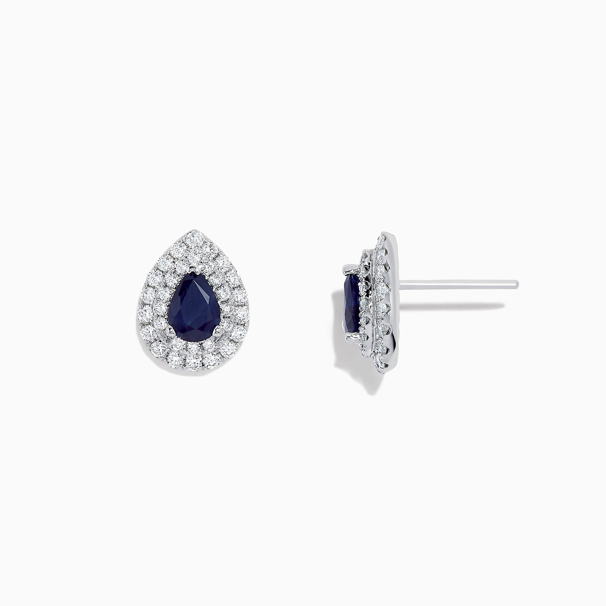 Royale Bleu 14K White Gold Pear Shaped Sapphire and Diamond Stud Earrings (2.23 TCW) feature dark blue sapphires at the center, encircled by two rows of sparkling diamonds in a white gold setting.