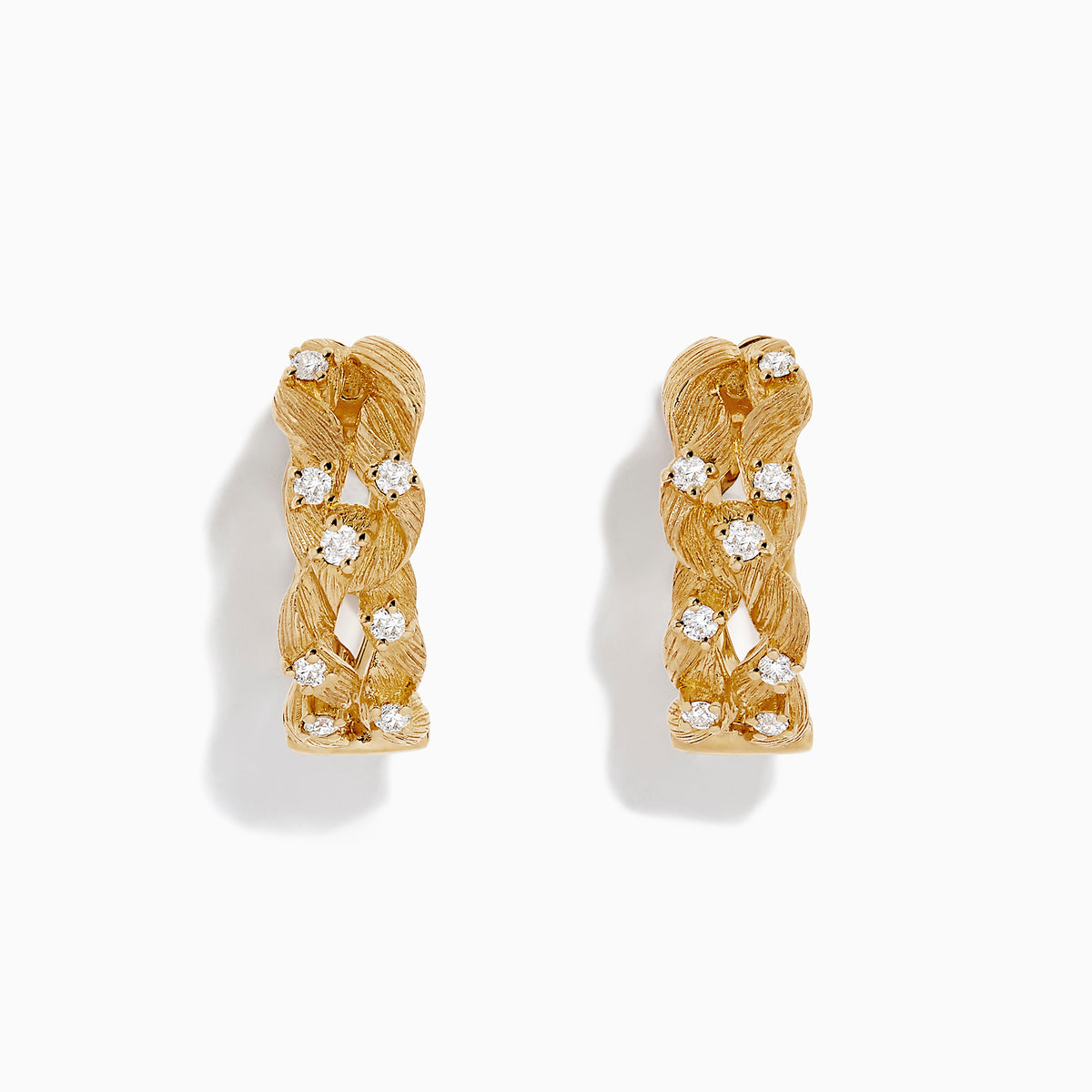 The DOro 14K Yellow Gold Diamond Filigree Hoop Earrings, 0.41 TCW, feature intricate filigree design and sparkling diamonds, showcased against a plain white background.