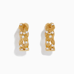 The DOro 14K Yellow Gold Diamond Filigree Hoop Earrings, 0.41 TCW, feature intricate filigree design and sparkling diamonds, showcased against a plain white background.