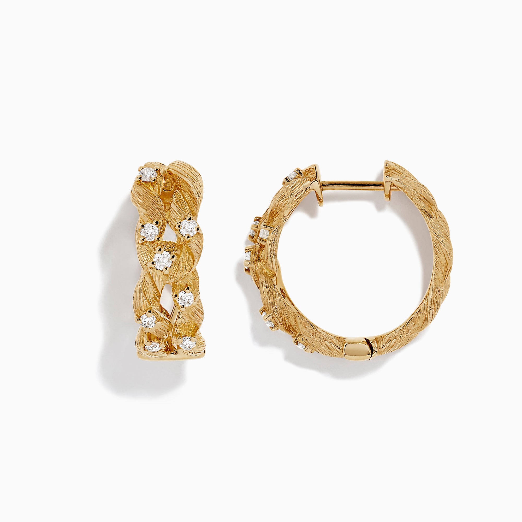 The DOro 14K Yellow Gold Diamond Filigree Hoop Earrings, 0.41 TCW, feature intricate filigree design and sparkling diamonds, showcased against a plain white background.