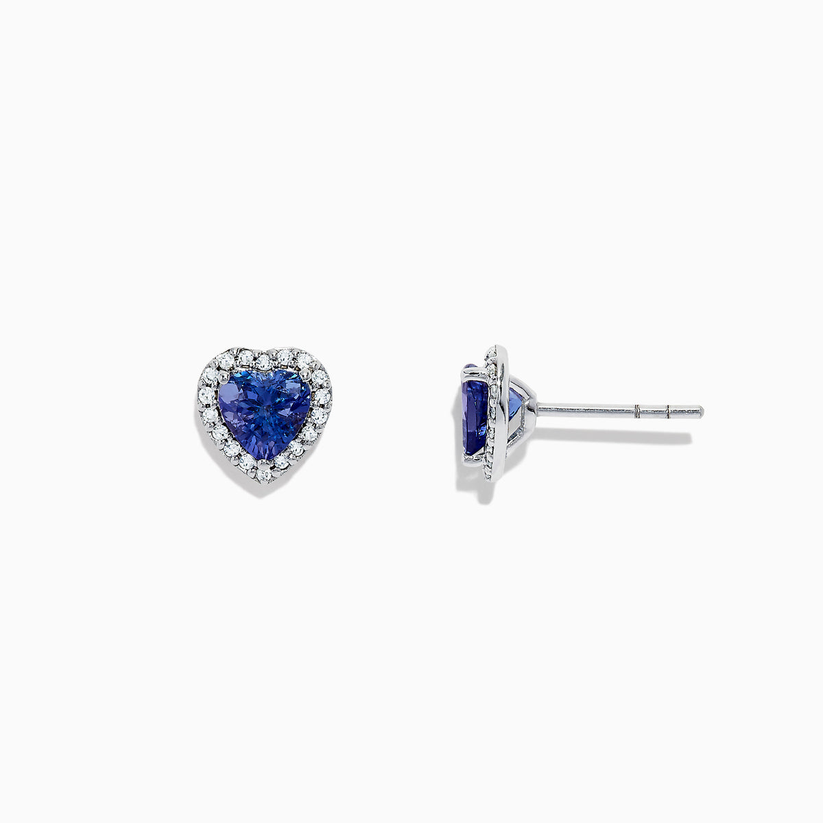 Nahla Siri 14K White Gold Tanzanite and Diamond Heart Earrings, 1.51 TCW, feature heart-shaped blue tanzanite gems bordered by sparkling diamonds. Shown on a plain white background.