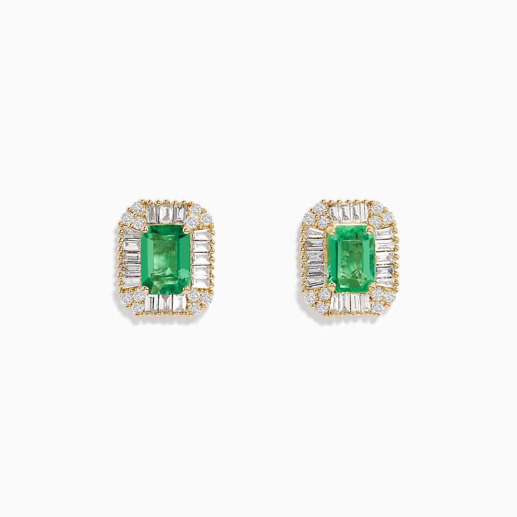 The 14K Yellow Gold Baguette Diamond Halo Emerald Stud Earrings feature rectangular green emerald centers framed by small diamonds and baguette-cut stones.