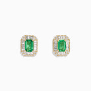 The 14K Yellow Gold Baguette Diamond Halo Emerald Stud Earrings feature rectangular green emerald centers framed by small diamonds and baguette-cut stones.