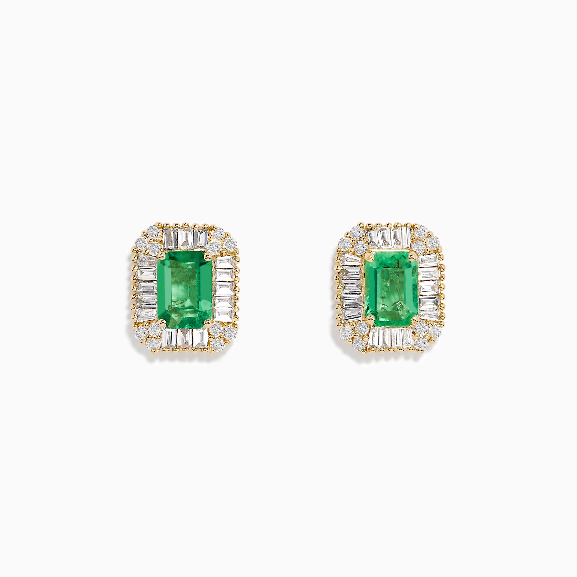 The 14K Yellow Gold Baguette Diamond Halo Emerald Stud Earrings feature rectangular green emerald centers framed by small diamonds and baguette-cut stones.
