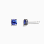 Nahla Siri Sterling Silver Tanzanite Stud Earrings, 1.90 TCW, feature cushion-cut blue stones in sterling silver prongs, shown on a plain white background.