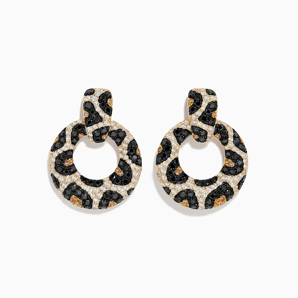 The Signature 14K Yellow Gold Black and White Diamond Spot Earrings feature a leopard print pattern with black, white, and yellow gemstones, highlighting the beauty of diamond earrings against a plain white background.