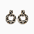 The Signature 14K Yellow Gold Black and White Diamond Spot Earrings feature a leopard print pattern with black, white, and yellow gemstones, highlighting the beauty of diamond earrings against a plain white background.