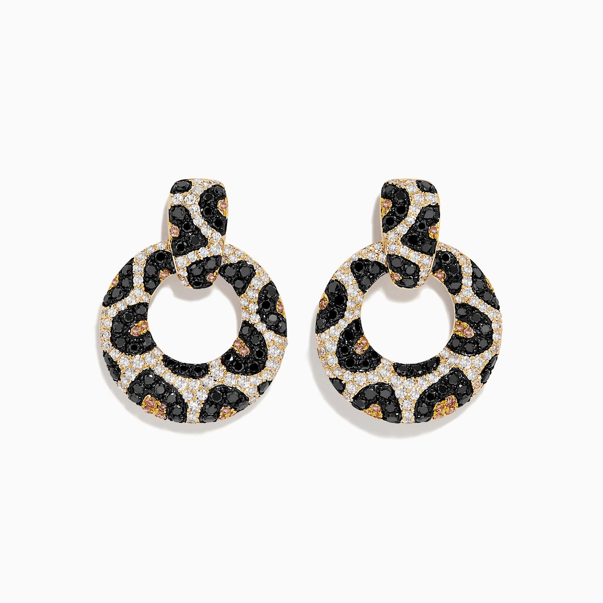 The Signature 14K Yellow Gold Black and White Diamond Spot Earrings feature a leopard print pattern with black, white, and yellow gemstones, highlighting the beauty of diamond earrings against a plain white background.