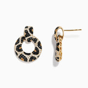 The Signature 14K Yellow Gold Black and White Diamond Spot Earrings feature a leopard print pattern with black, white, and yellow gemstones, highlighting the beauty of diamond earrings against a plain white background.