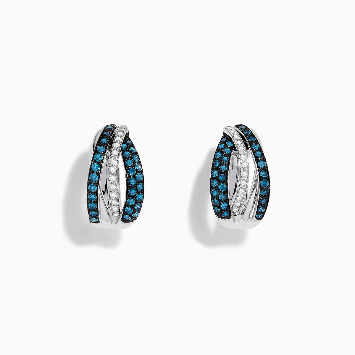 The Bella Bleu 14K White Gold White and Blue Diamond Mini Hoop Earrings feature intertwined bands with sparkling blue and clear stones, reminiscent of blue diamond earrings, shown on a white background.