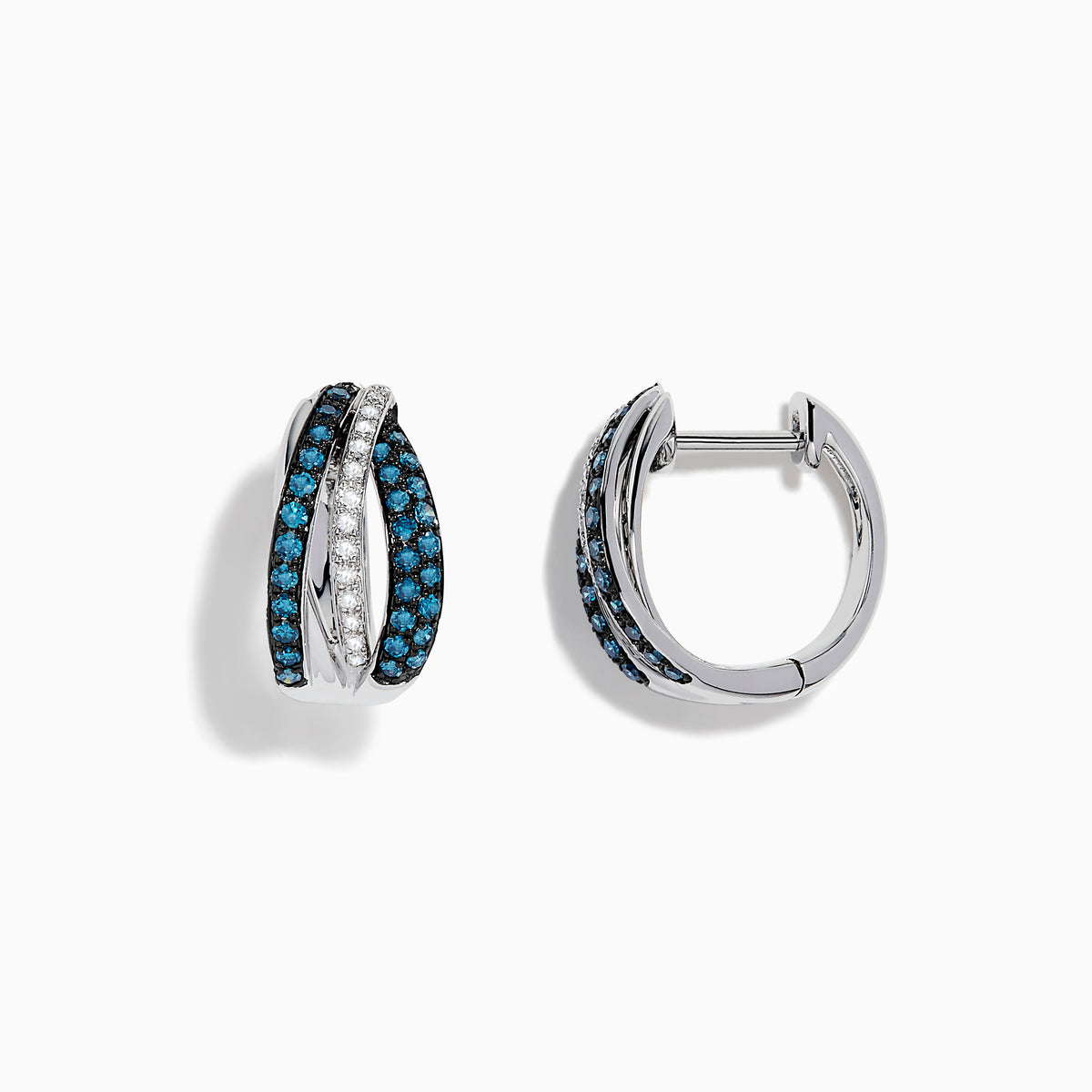 The Bella Bleu 14K White Gold White and Blue Diamond Mini Hoop Earrings feature intertwined bands with sparkling blue and clear stones, reminiscent of blue diamond earrings, shown on a white background.