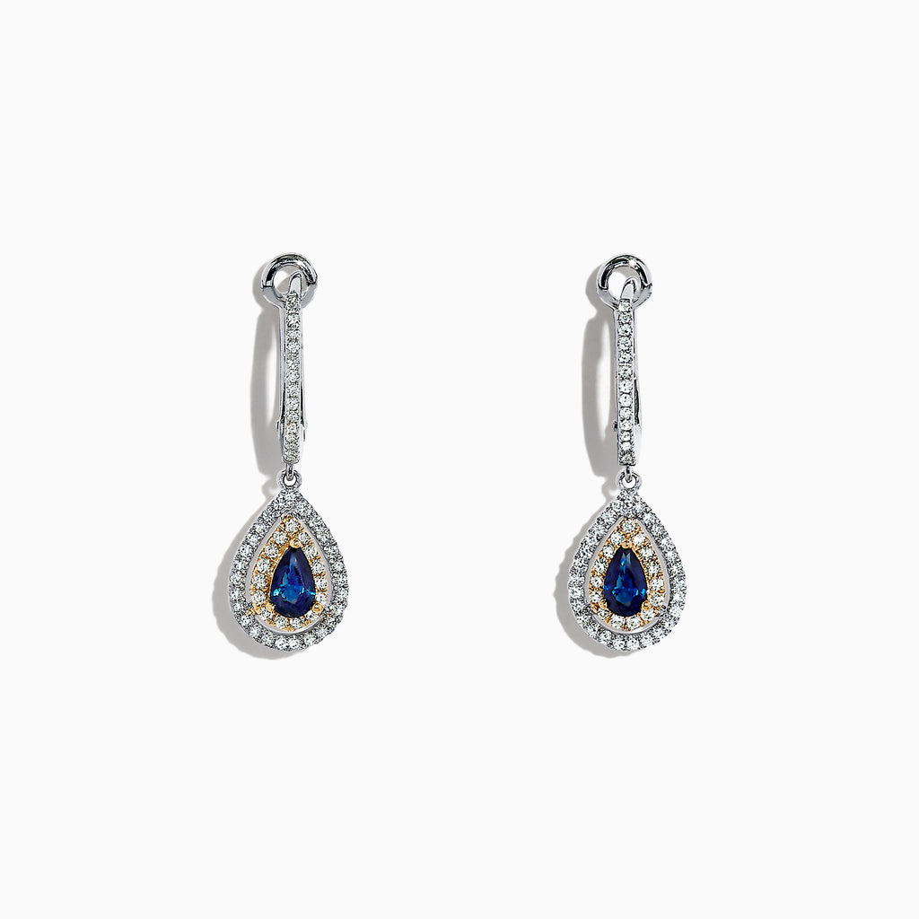 The Royale Bleu 14K Two Tone Gold Sapphire and Diamond Earrings, 0.93 TCW, feature sapphire teardrops encircled by diamonds, set in elegant two-tone gold and shown on a white background.