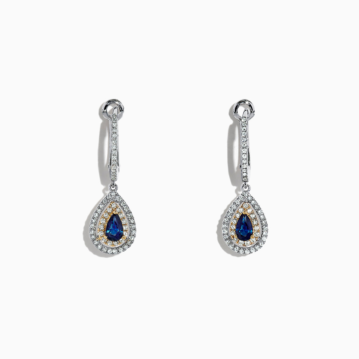 The Royale Bleu 14K Two Tone Gold Sapphire and Diamond Earrings, 0.93 TCW, feature sapphire teardrops encircled by diamonds, set in elegant two-tone gold and shown on a white background.