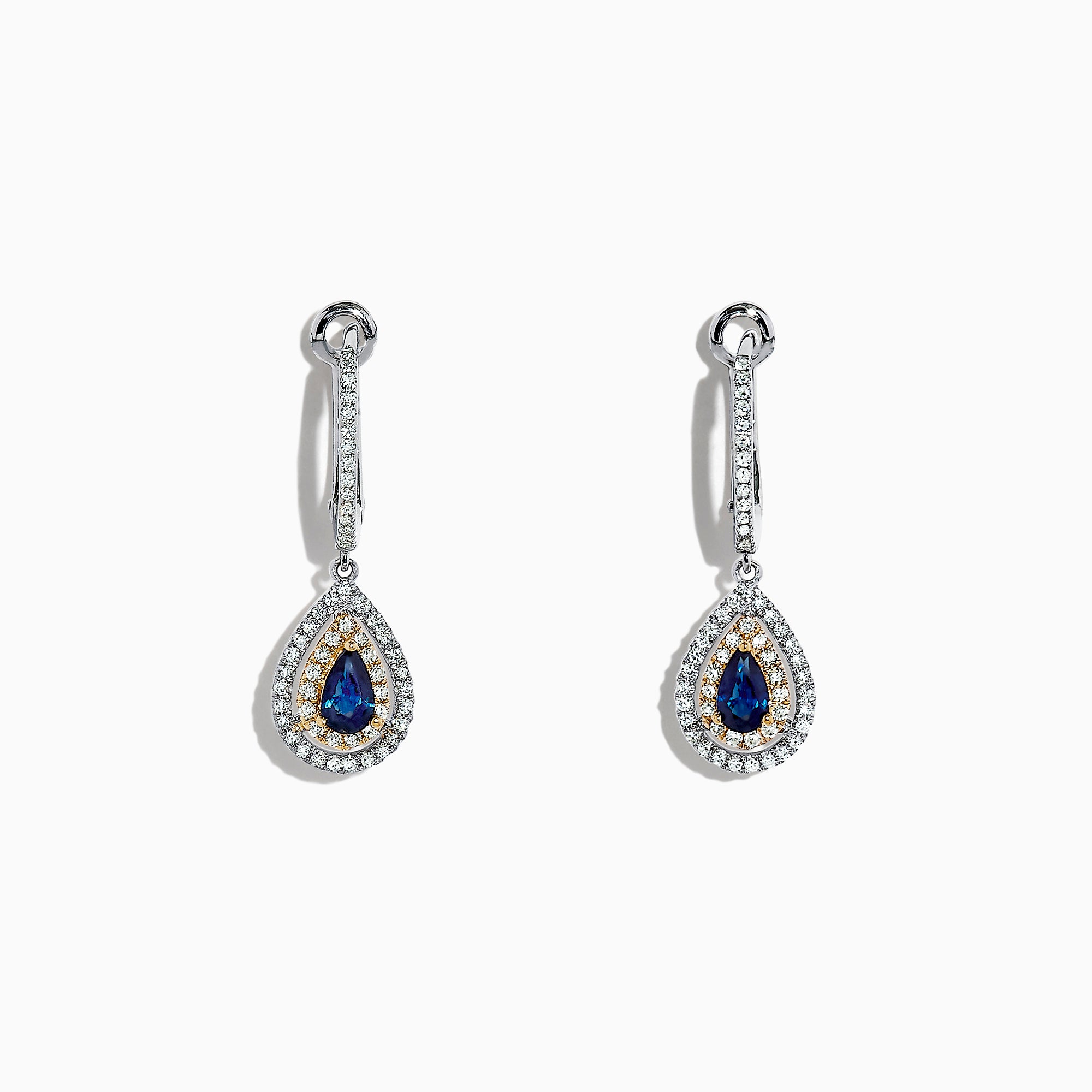 The Royale Bleu 14K Two Tone Gold Sapphire and Diamond Earrings, 0.93 TCW, feature sapphire teardrops encircled by diamonds, set in elegant two-tone gold and shown on a white background.