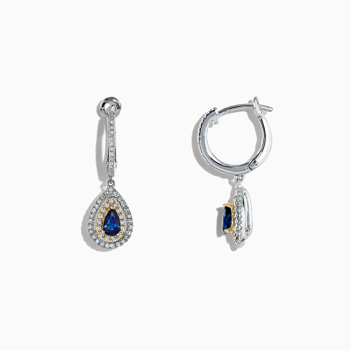 The Royale Bleu 14K Two Tone Gold Sapphire and Diamond Earrings, 0.93 TCW, feature sapphire teardrops encircled by diamonds, set in elegant two-tone gold and shown on a white background.