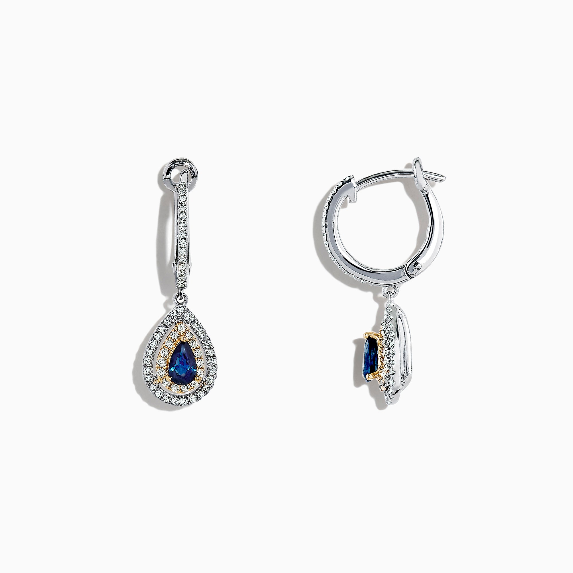 The Royale Bleu 14K Two Tone Gold Sapphire and Diamond Earrings, 0.93 TCW, feature sapphire teardrops encircled by diamonds, set in elegant two-tone gold and shown on a white background.