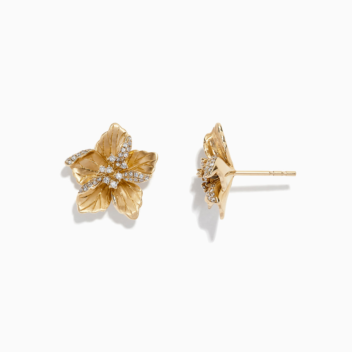 Nature 14K Yellow Gold Diamond Flower Earrings, 0.32 TCW, feature intricate petals adorned with sparkling diamonds on select petals and at the center.