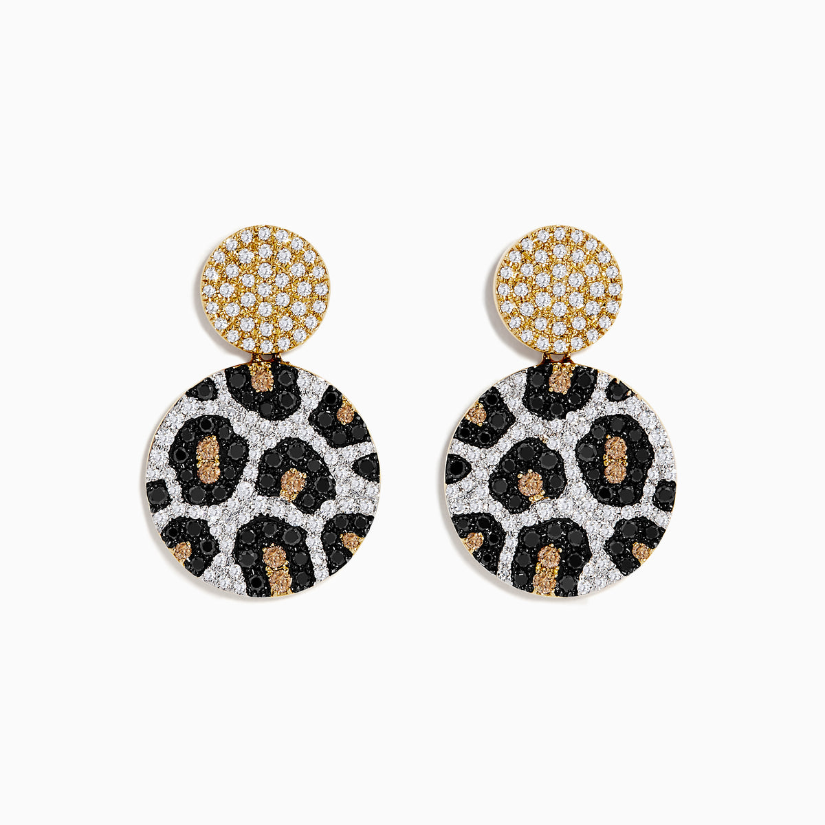 A pair of 14K Gold Black, Espresso, and White Diamond Panther Spot Drop Earrings (1.57 TCW), featuring double discs with panther spots and sparkling diamonds, displayed on a plain white background.